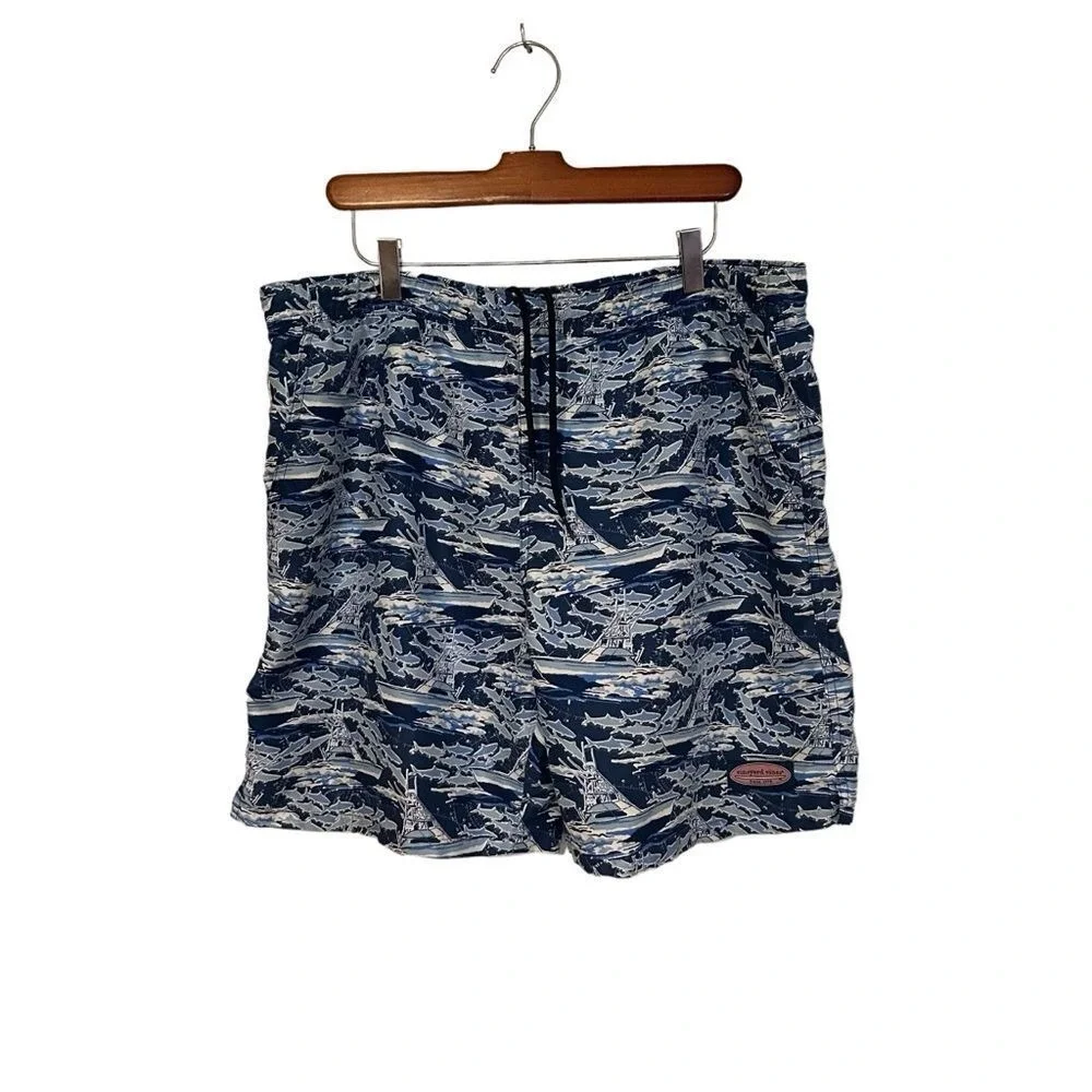 Vineyard Vines Swim Trunks M Blue Shark Boat Print Chappy Shorts Fishing‎ Beach